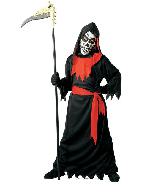 Costume Da Morte Per Bambini, Con Mantello Nero E Rosso, Maschera Teschio, Guanti E Falce, Per Halloween 6-12 Anni