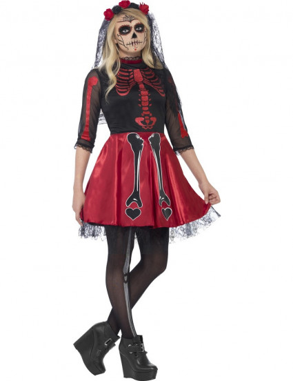 Costume da scheletro rosso con paillettes per adolescente Costume da scheletro rosso con paillettes per adolescente