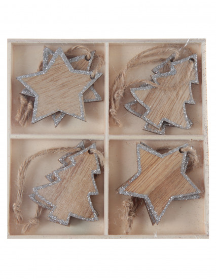 8 decorazioni Natale da appendere in legno color argento 8 decorazioni Natale da appendere in legno color argento