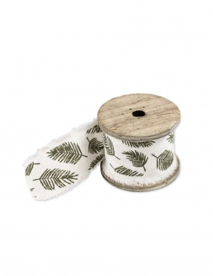 Nastro di lino con foglie tropicali verde e avorio 4,5 cm x 3 m Nastro di lino con foglie tropicali verde e avorio 4,5 cm x 3 m