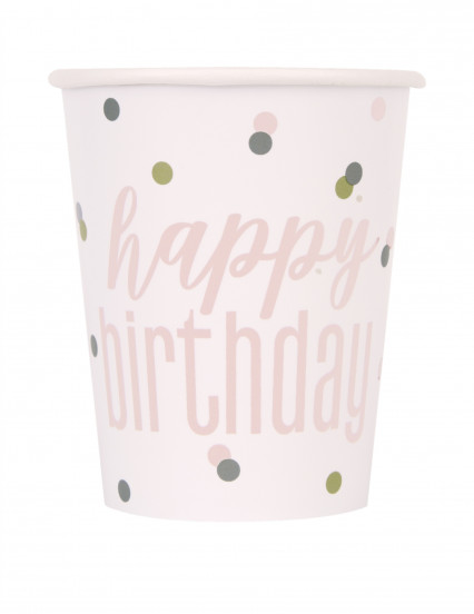 8 Bicchieri in cartone Happy Birthday bianchi e rosa 266 ml 8 Bicchieri in cartone Happy Birthday bianchi e rosa 266 ml